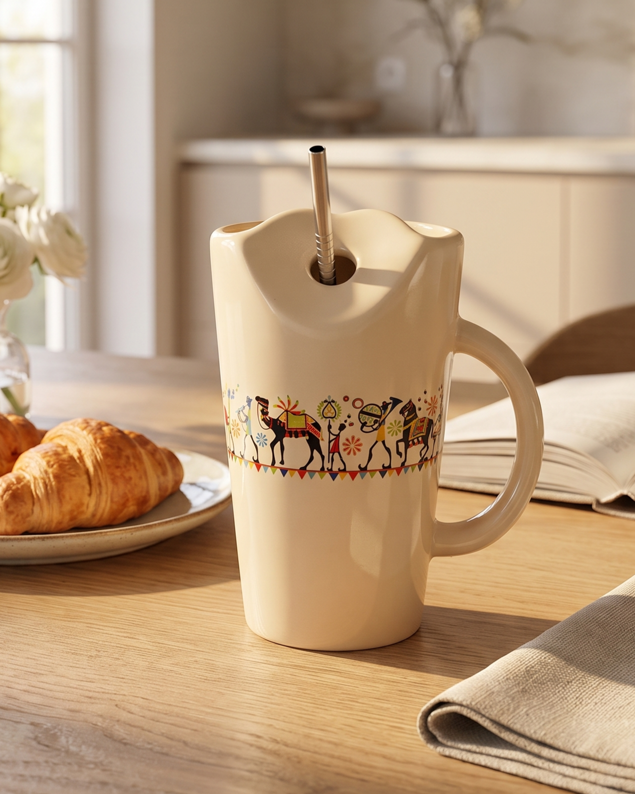 Shilpkara "Traces of Ancient" Handcrafted Ceramic Sipper Mug with Stainless Steel Straw | Tea & Coffee Mug | Microwave & Dishwasher Safe