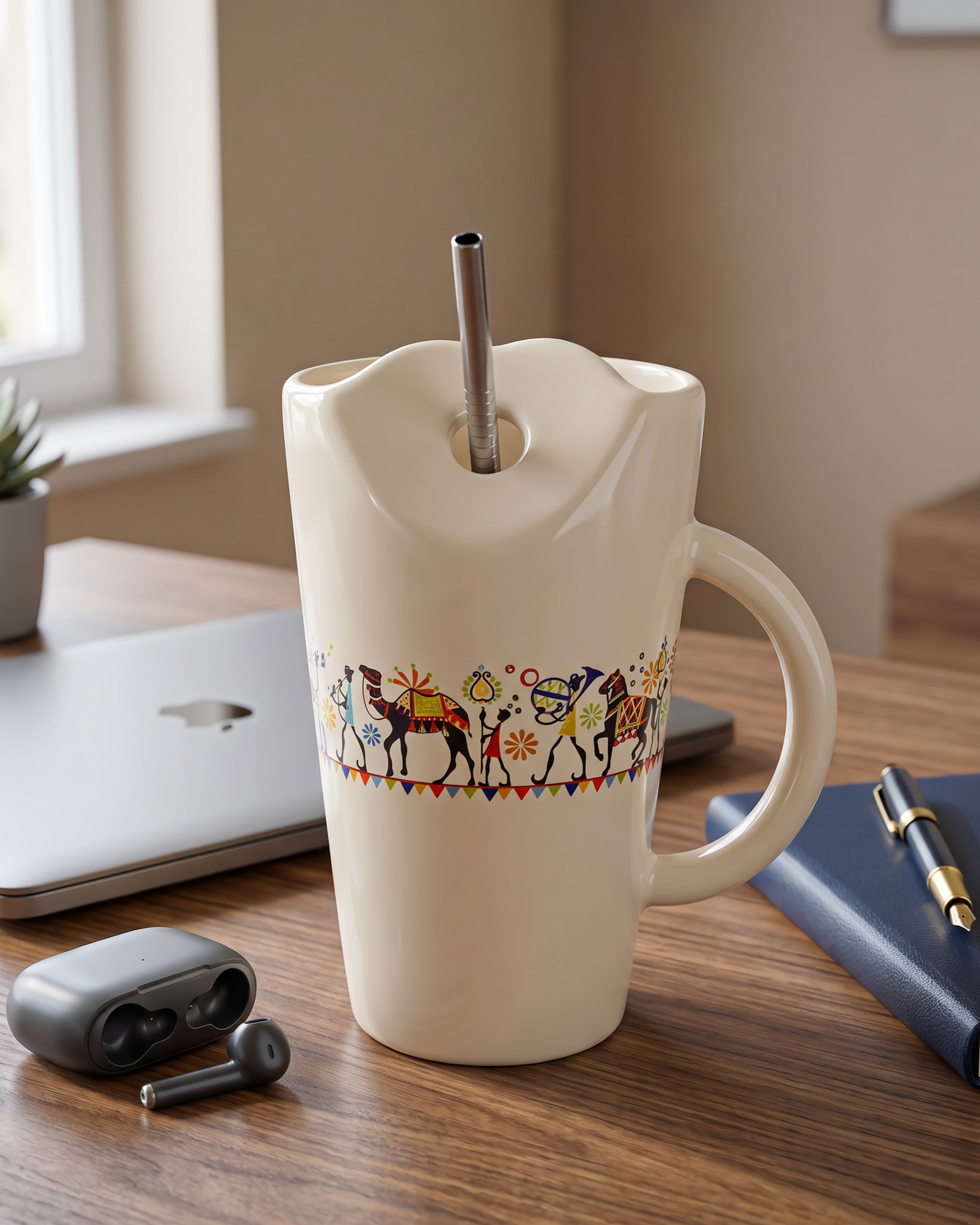 Shilpkara "Traces of Ancient" Handcrafted Ceramic Sipper Mug with Stainless Steel Straw | Tea & Coffee Mug | Microwave & Dishwasher Safe