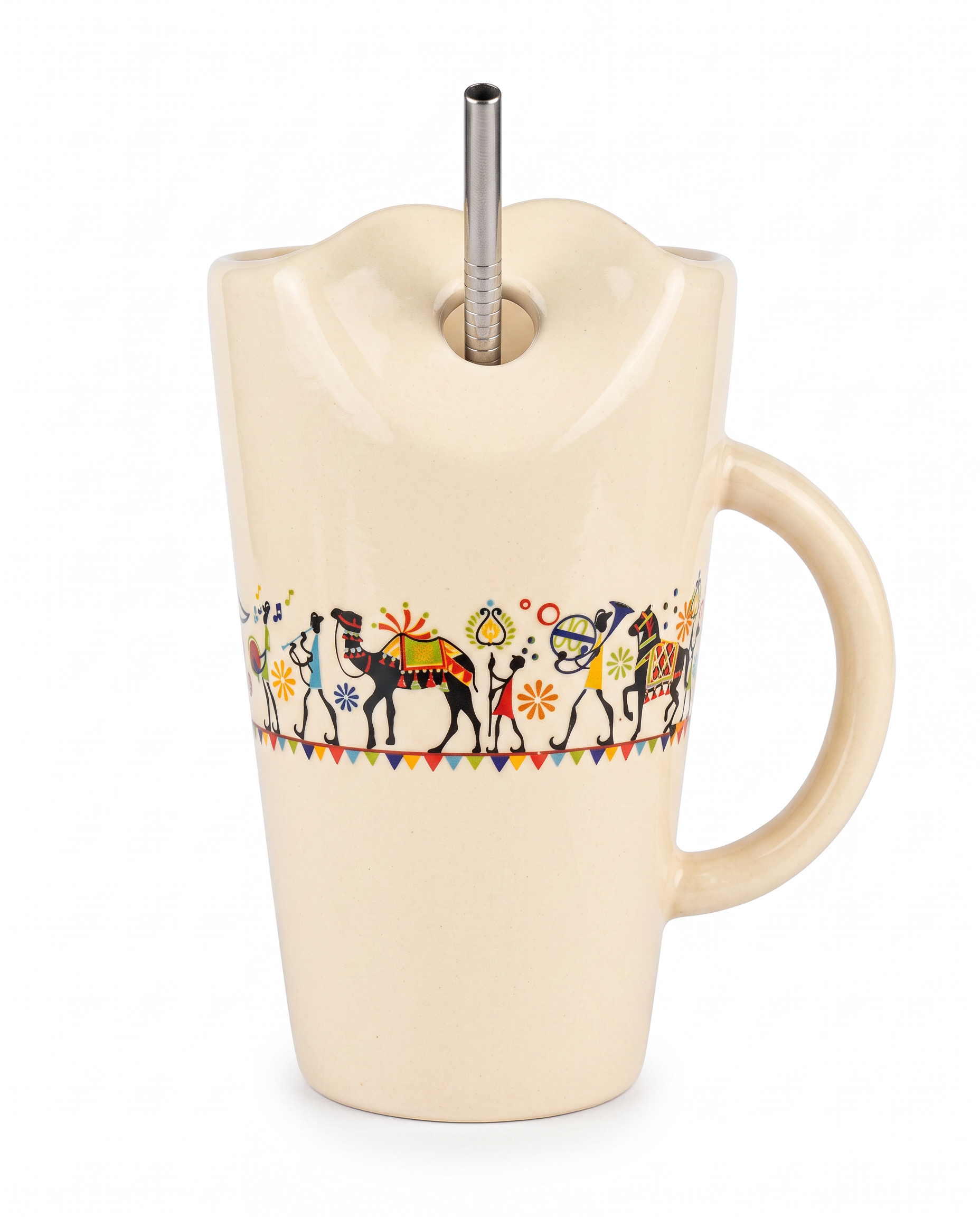 Shilpkara "Traces of Ancient" Handcrafted Ceramic Sipper Mug with Stainless Steel Straw | Tea & Coffee Mug | Microwave & Dishwasher Safe