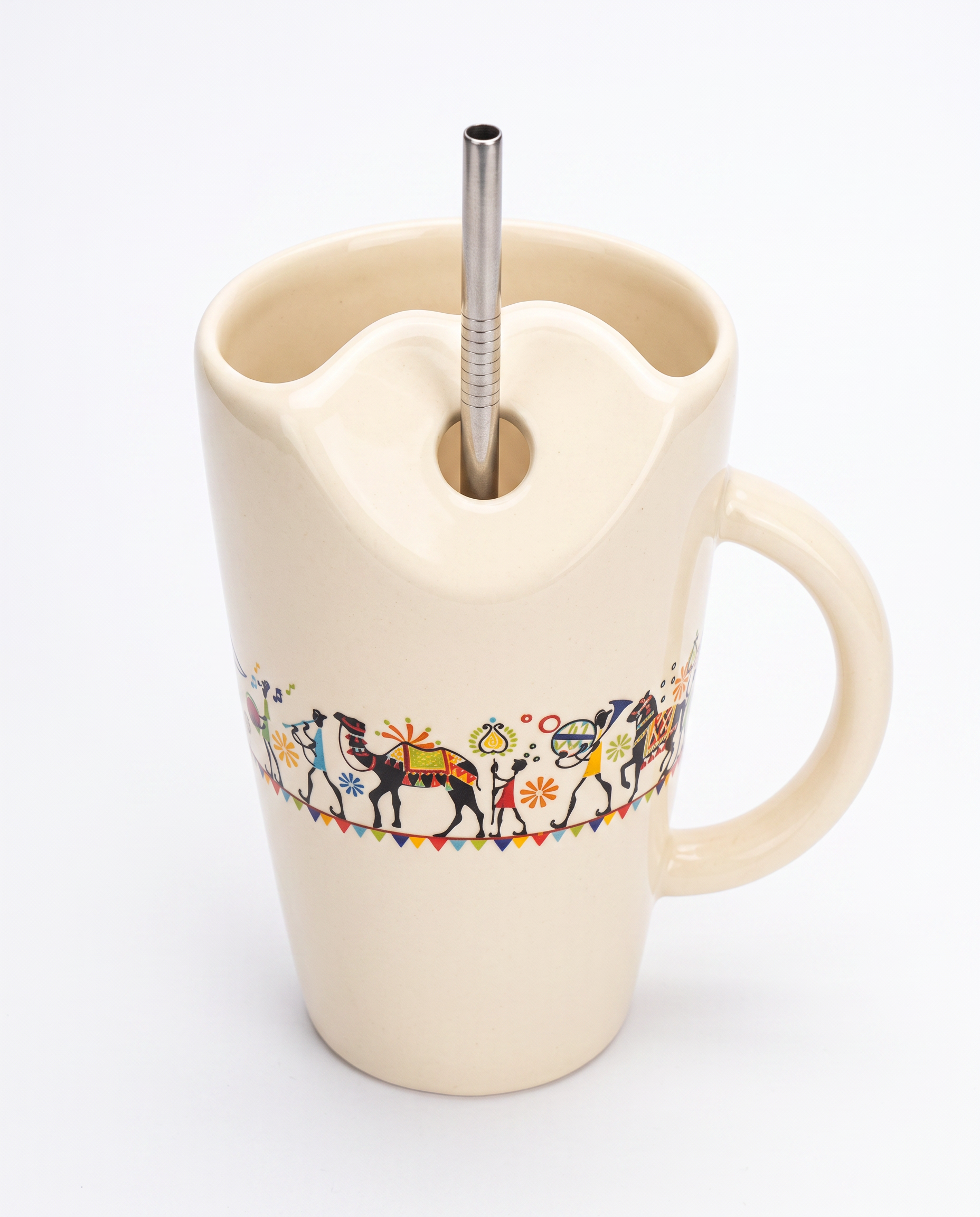 Shilpkara "Traces of Ancient" Handcrafted Ceramic Sipper Mug with Stainless Steel Straw | Tea & Coffee Mug | Microwave & Dishwasher Safe