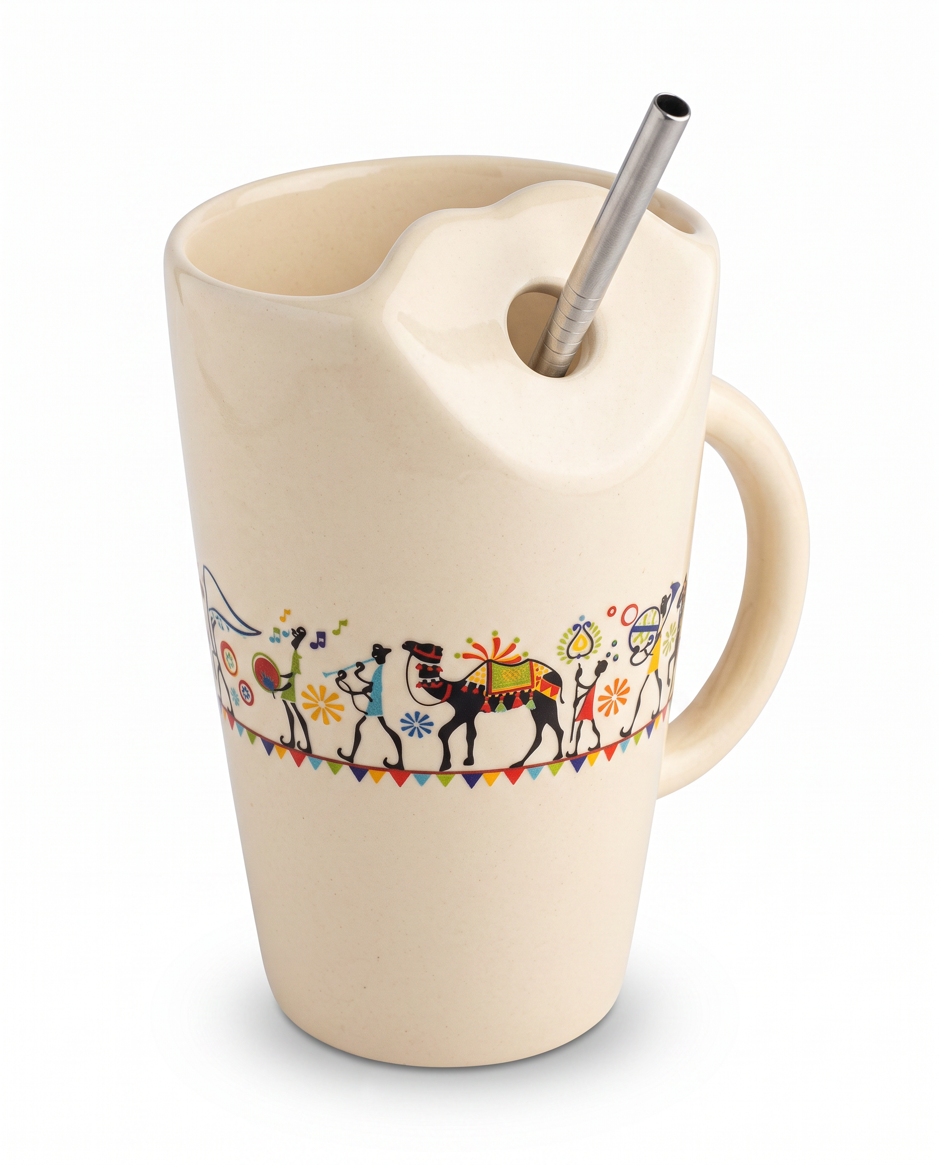 Shilpkara "Traces of Ancient" Handcrafted Ceramic Sipper Mug with Stainless Steel Straw | Tea & Coffee Mug | Microwave & Dishwasher Safe