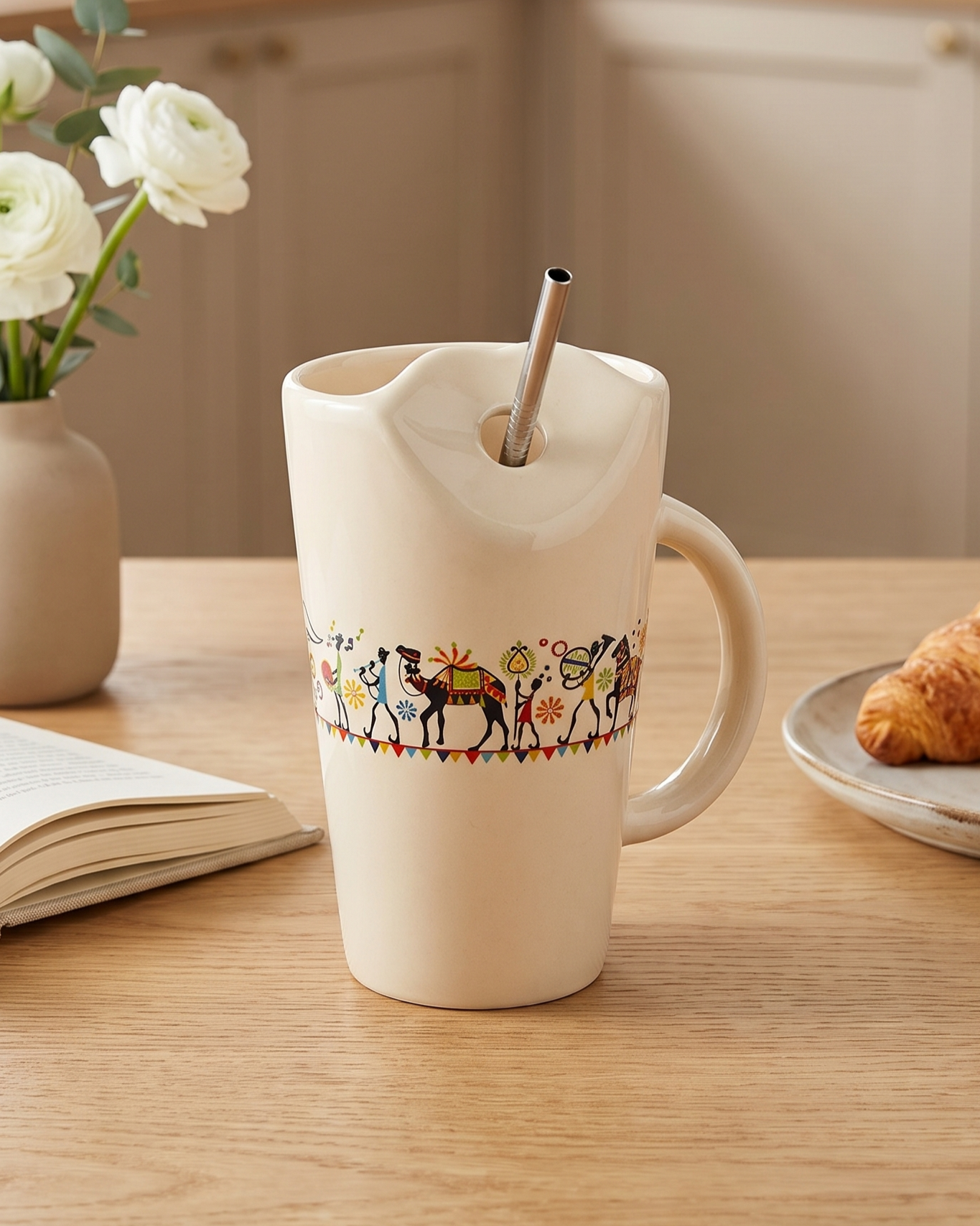Shilpkara "Traces of Ancient" Handcrafted Ceramic Sipper Mug with Stainless Steel Straw | Tea & Coffee Mug | Microwave & Dishwasher Safe