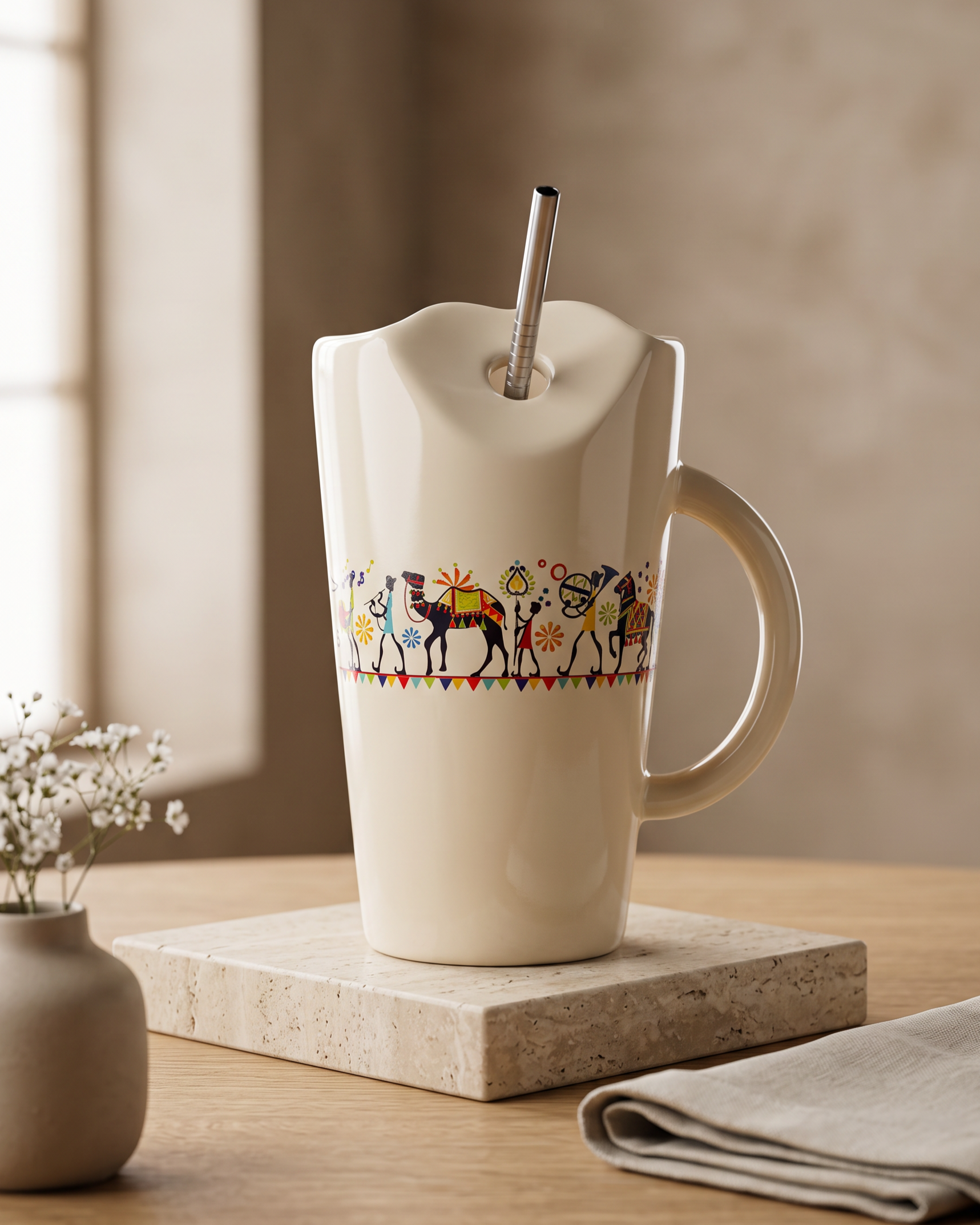 Shilpkara "Traces of Ancient" Handcrafted Ceramic Sipper Mug with Stainless Steel Straw | Tea & Coffee Mug | Microwave & Dishwasher Safe